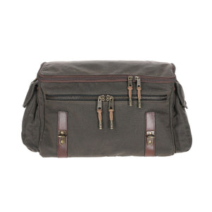 Front view of Bark Canvas Field Bag showcasing front zippered compartments and top handle on a white background