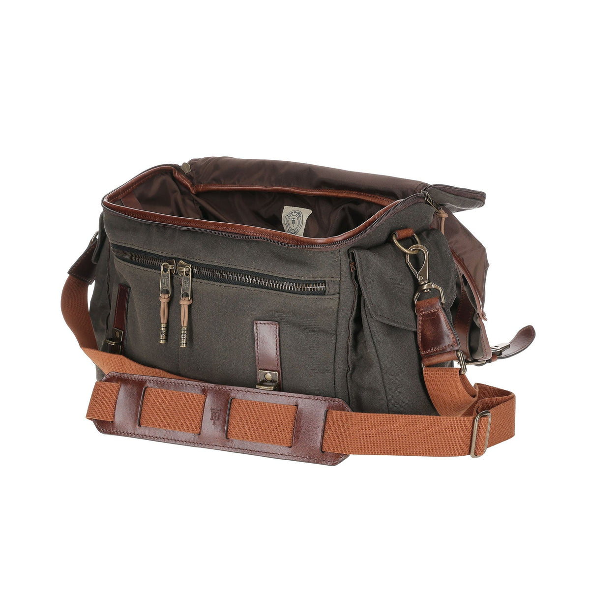 Front view of Bark Canvas Field Bag showcasing open compartments, front zippered pockets, and shoulder strap on white background