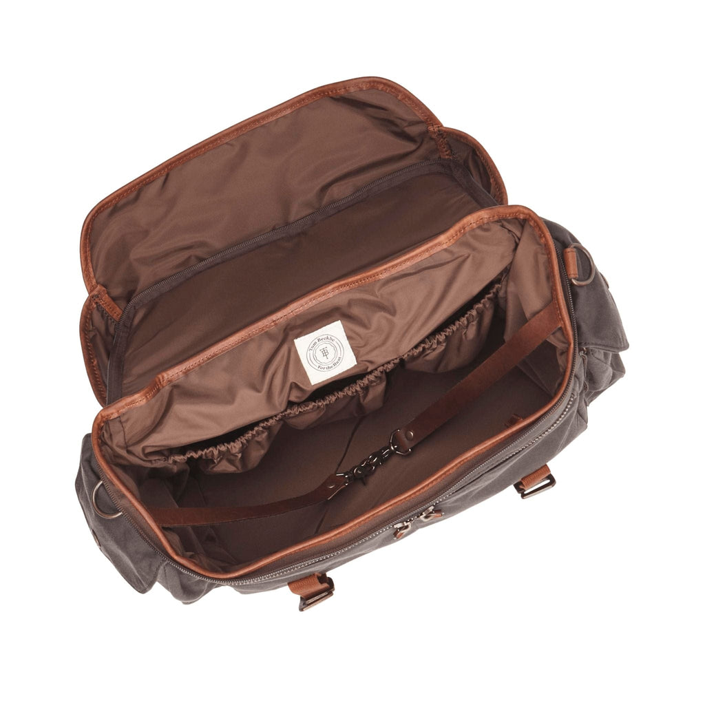Open top view of Bark Canvas Field Bag showcasing interior pocket and clips with a white background