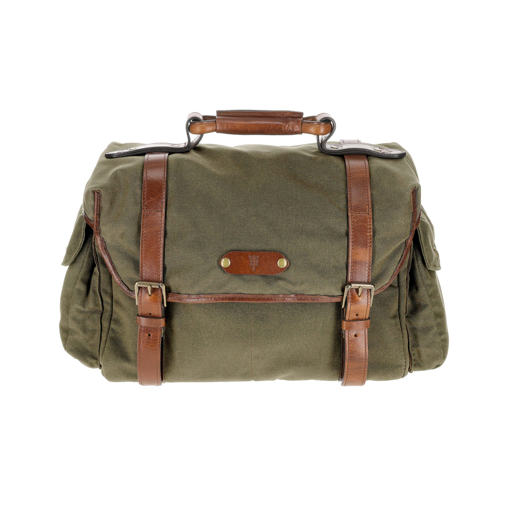 Front view of Sawgrass Canvas Field Bag showcasing brown straps and a heavy-duty top handle against a white background