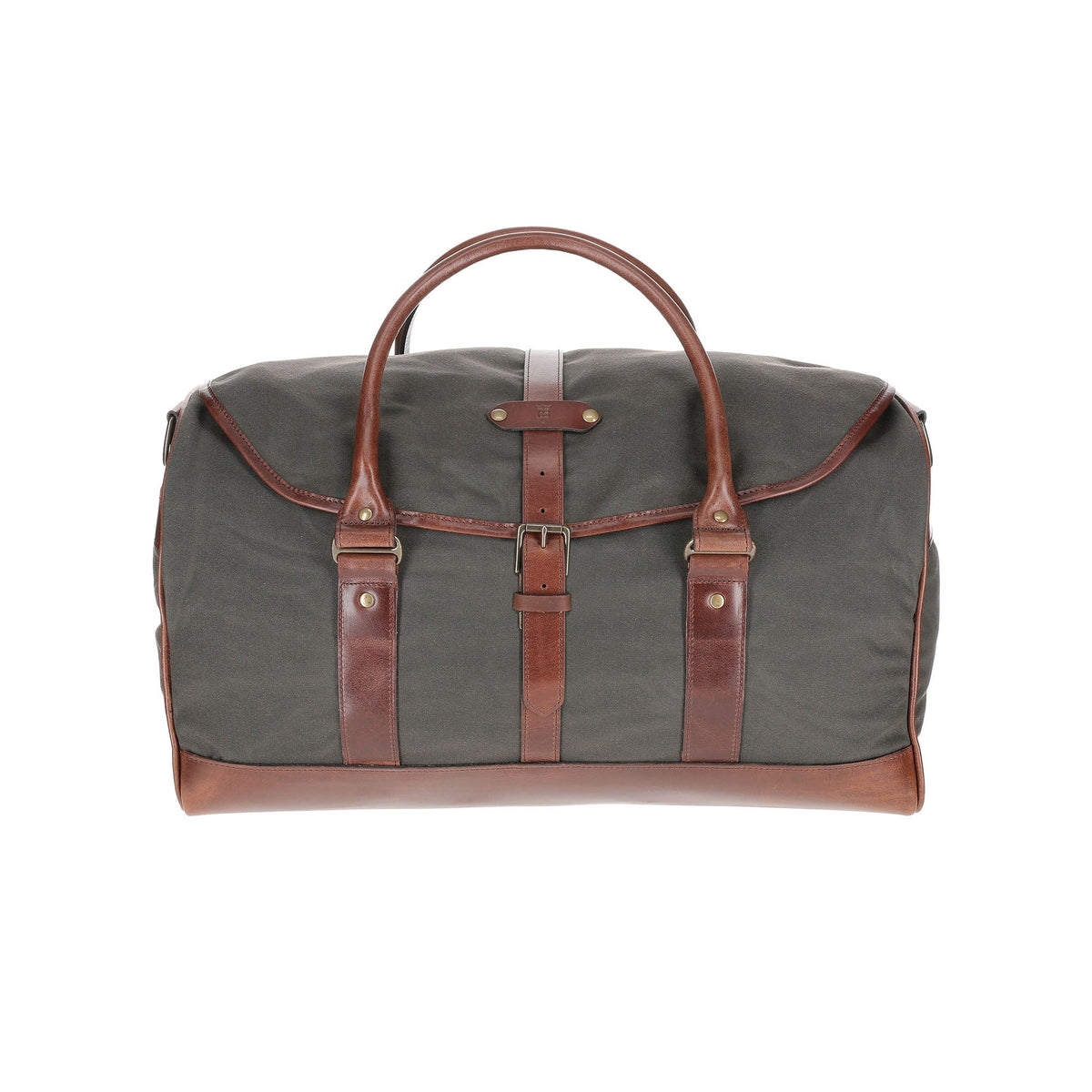 The Tom Beckbe Canvas Weekender Duffel Bag is green and brown with leather trims, handles, and a buckle snap closure.