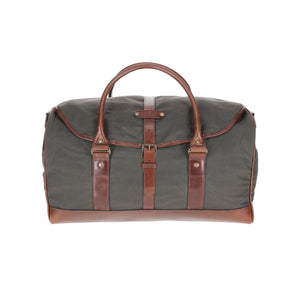 The Tom Beckbe Canvas Weekender Duffel Bag is green and brown with leather trims, handles, and a buckle snap closure.