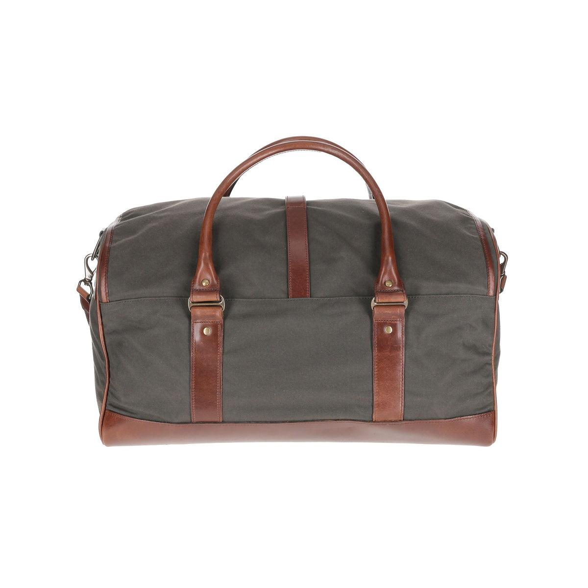 Tom Beckbe Canvas Weekender Duffel Bag with brown leather handles, a travel favorite, against a white background.