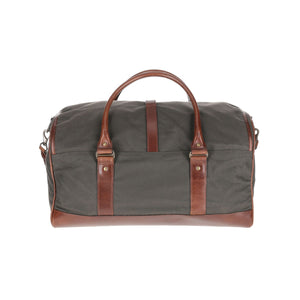 Tom Beckbe Canvas Weekender Duffel Bag with brown leather handles, a travel favorite, against a white background.
