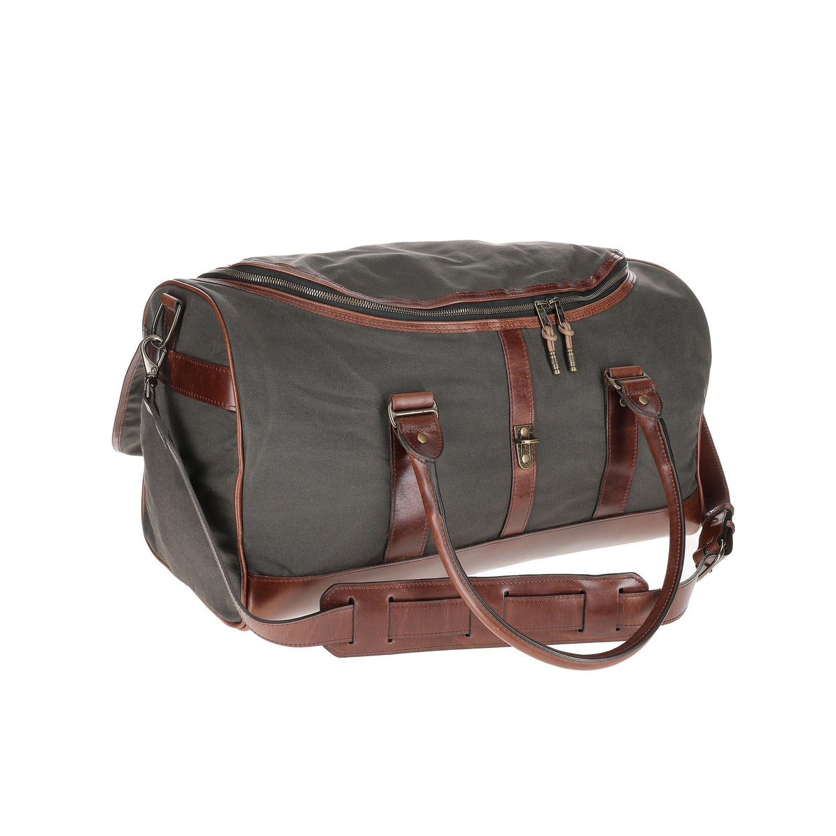 Tom Beckbes Canvas Weekender Duffel Bag: Travel-ready in green with brown leather straps, a zip main compartment, and side buckles.