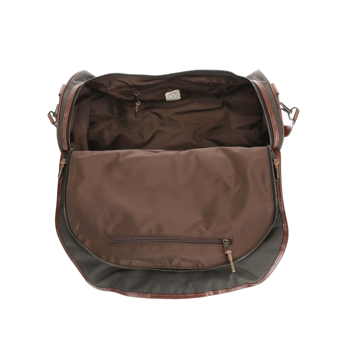 Brown Canvas Weekender Duffel Bag by Tom Beckbe with leather trim, spacious interior, and front zipper pocket.