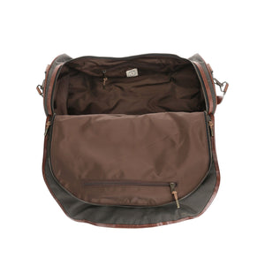 Brown Canvas Weekender Duffel Bag by Tom Beckbe with leather trim, spacious interior, and front zipper pocket.