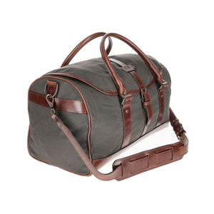 Green and brown Tom Beckbe Canvas Weekender Duffel Bag with leather details, perfect for travel.
