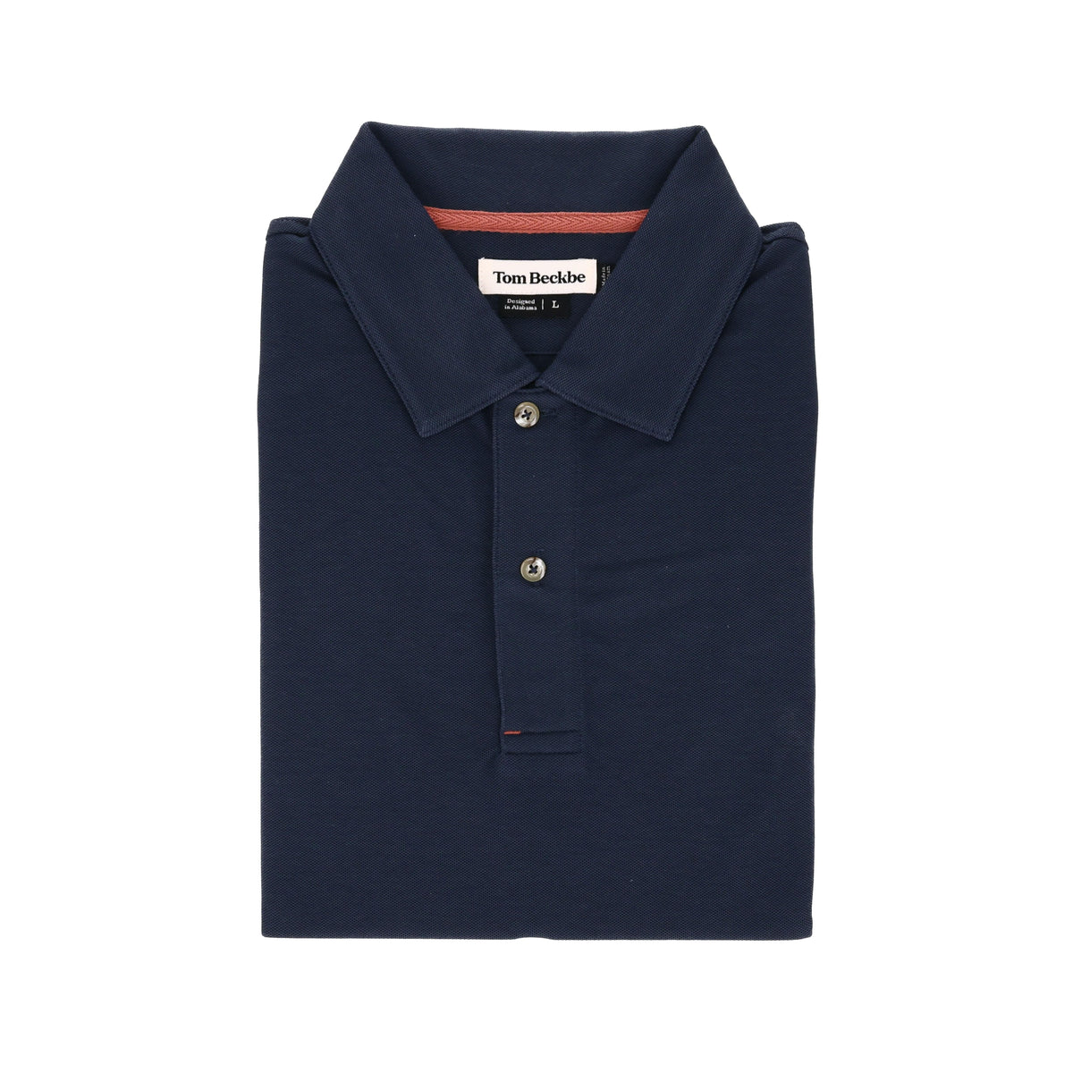 Coastal Polo Shirt by Tom Beckbe: Navy blue, folded, with collar and two buttons, label inside the collar.
