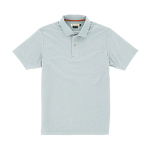 Tom Beckbe Coastal Polo: A light gray mens shirt with a collar, short sleeves, and moisture-wicking fabric for comfort.