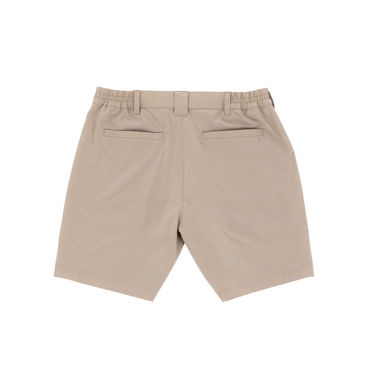 Tom Beckbes Crenshaw Performance Shorts are beige, with four-way stretch, belt loops, and two back pockets on white.