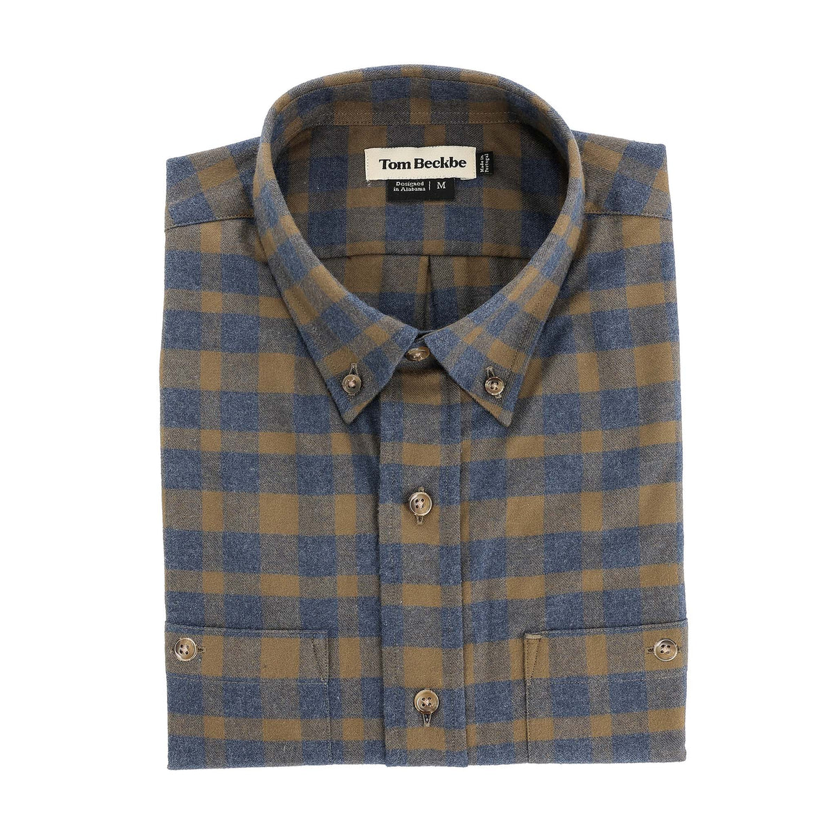 Tom Beckbe Dixon Brushed Cotton Twill Shirt in blue and brown plaid with long sleeves and collar label.