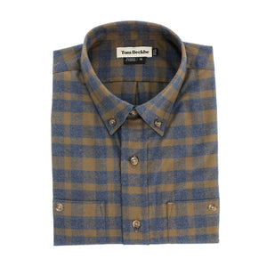 Tom Beckbe Dixon Brushed Cotton Twill Shirt in blue and brown plaid with long sleeves and collar label.