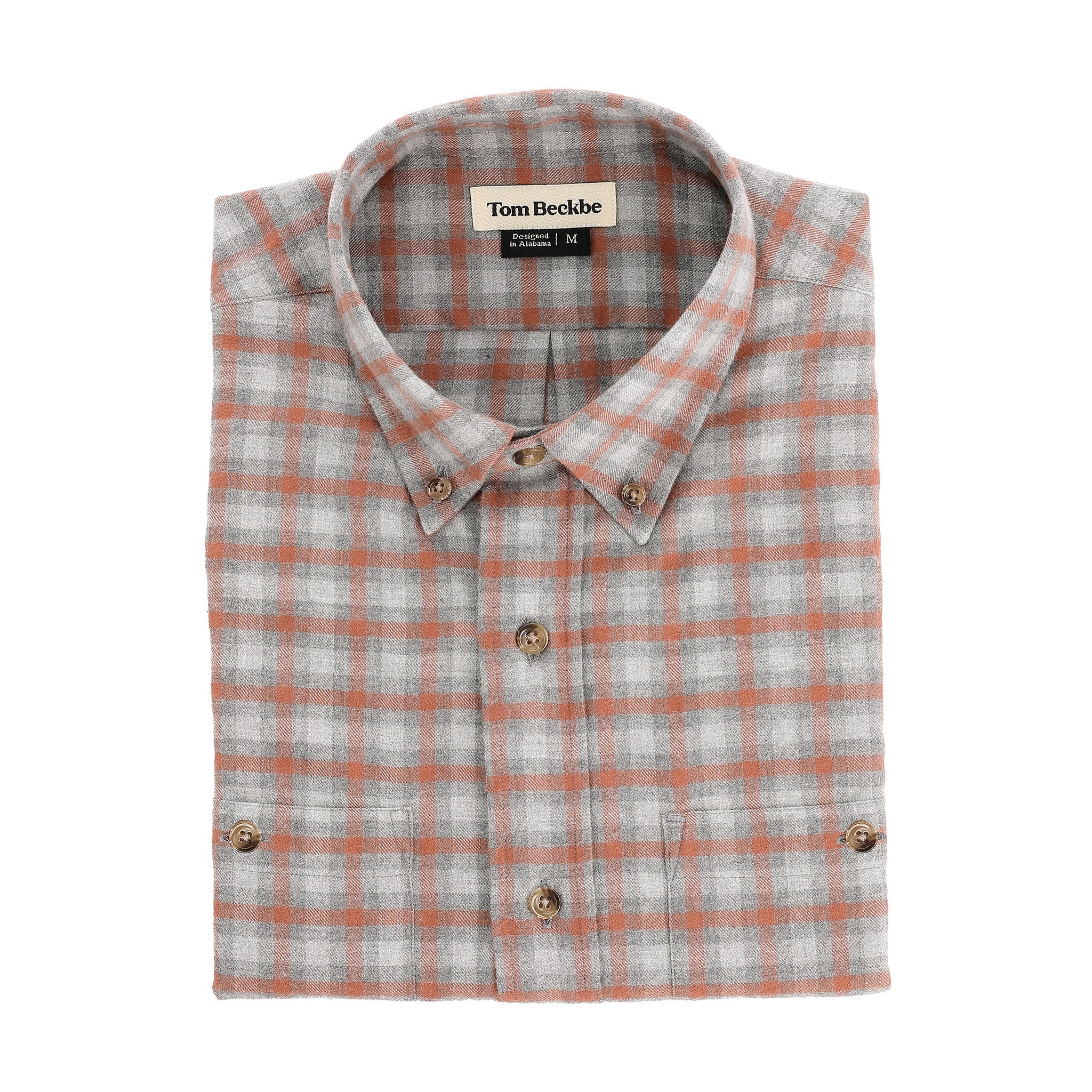 The Dixon Brushed Cotton Twill Shirt by Tom Beckbe features gray-orange plaid and long sleeves.