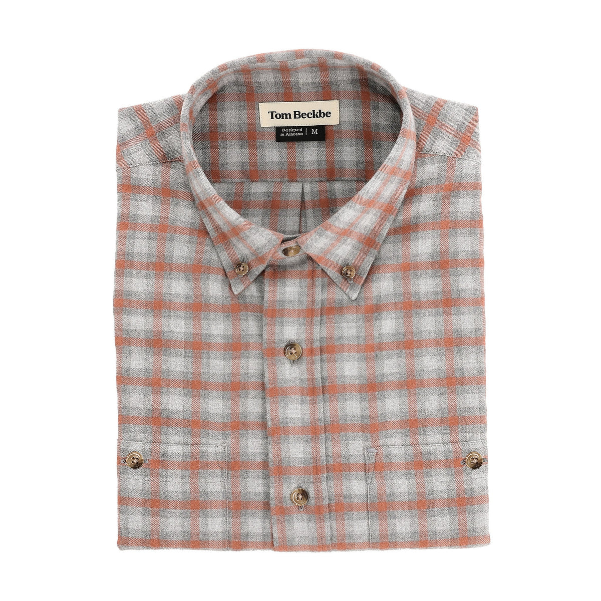 The Dixon Brushed Cotton Twill Shirt by Tom Beckbe features gray-orange plaid and long sleeves.