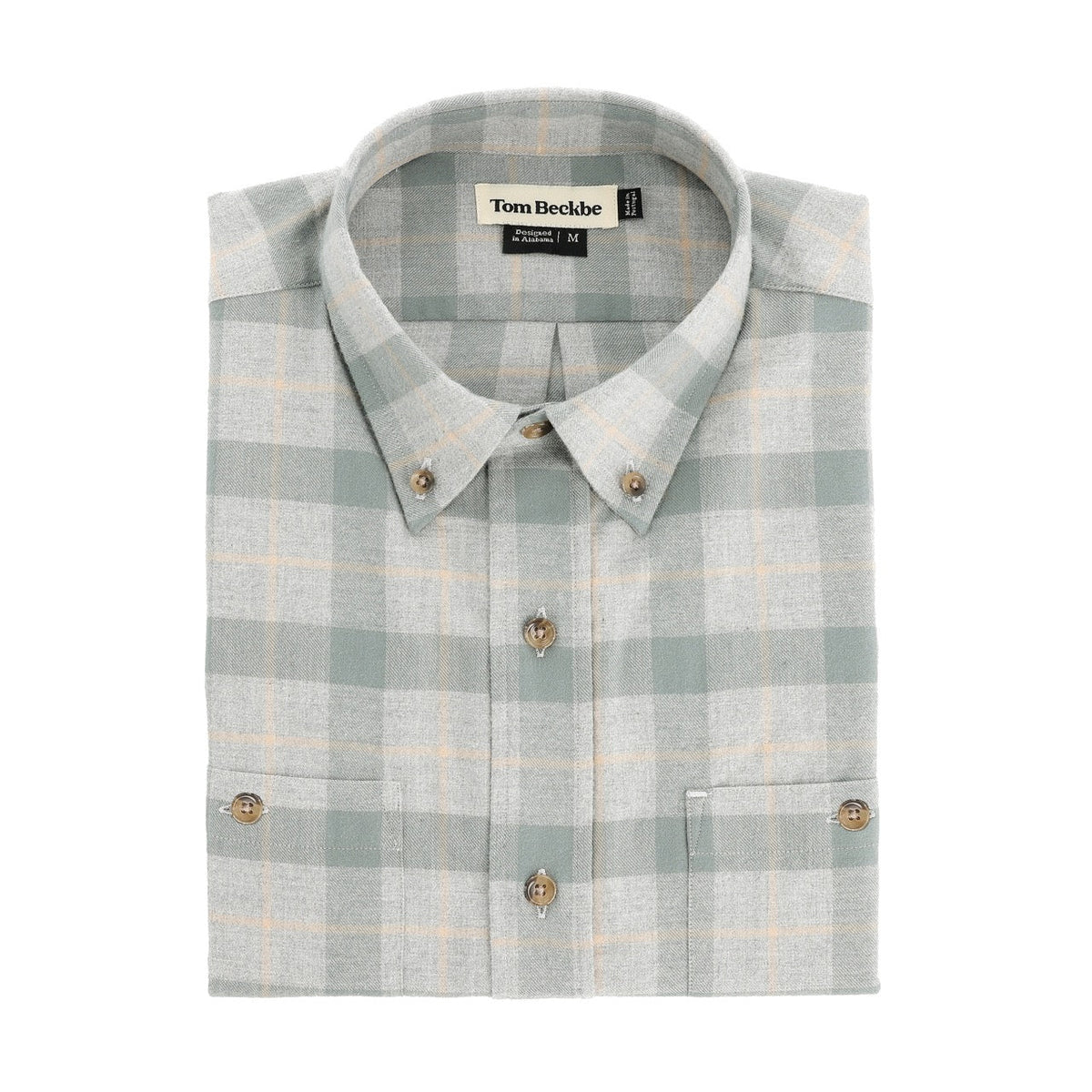 Light grey and beige plaid Dixon Brushed Cotton Twill Shirt by Tom Beckbe, size medium, with front pockets.