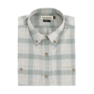 Light grey and beige plaid Dixon Brushed Cotton Twill Shirt by Tom Beckbe, size medium, with front pockets.