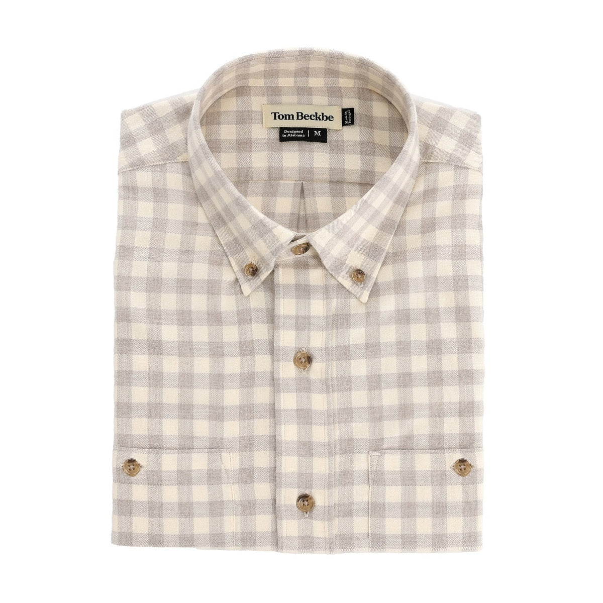 Folded Dixon Brushed Cotton Twill Shirt in beige and white plaid with collar, front pockets, by Tom Beckbe.