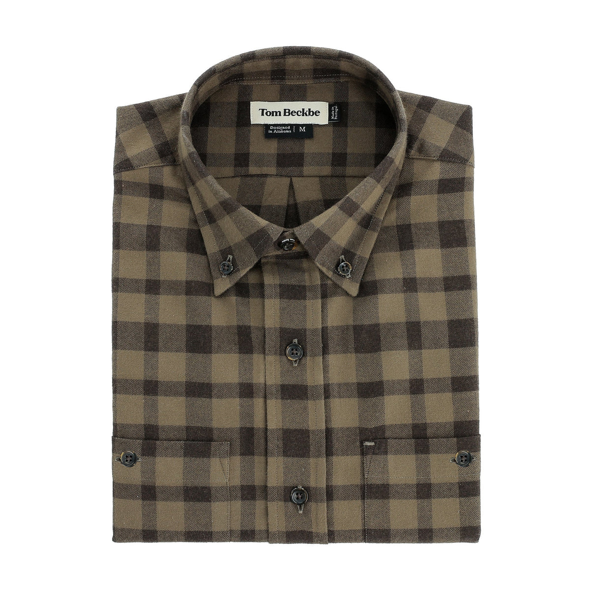 The Tom Beckbe Dixon Brushed Cotton Twill Shirt features brown and olive plaid, front pockets, and a collar.