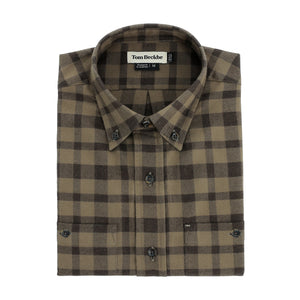 The Tom Beckbe Dixon Brushed Cotton Twill Shirt features brown and olive plaid, front pockets, and a collar.