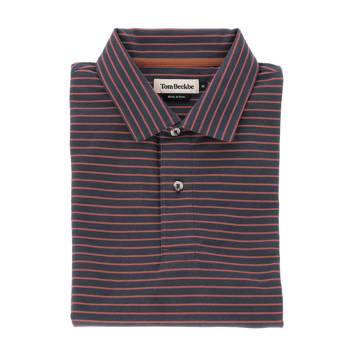 A folded Tom Beckbe Hutton Performance Polo for men in navy with thin red stripes and a two-button collar.