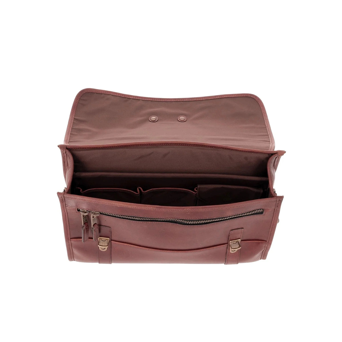 Tom Beckbe Leather Messenger Bag with padded laptop sleeve, inner compartments, and front buckles seen from above.