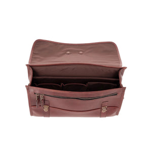 Tom Beckbe Leather Messenger Bag with padded laptop sleeve, inner compartments, and front buckles seen from above.