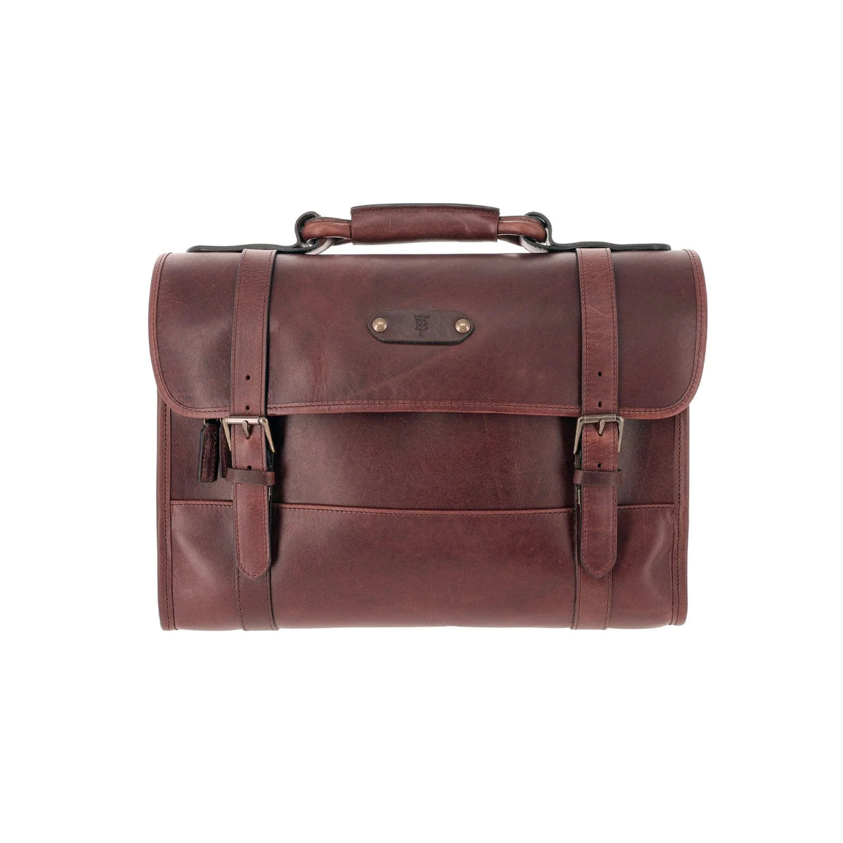 Tom Beckbe Leather Messenger Bag with top handle, buckle straps, exterior pocket, and padded laptop sleeve.
