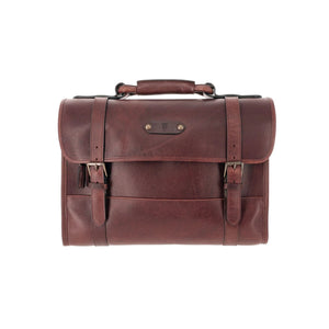 Tom Beckbe Leather Messenger Bag with top handle, buckle straps, exterior pocket, and padded laptop sleeve.