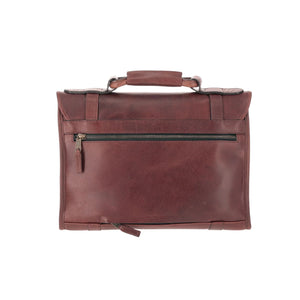 The Tom Beckbe Leather Messenger Bag features a top handle, padded laptop sleeve, and front zipper pocket.
