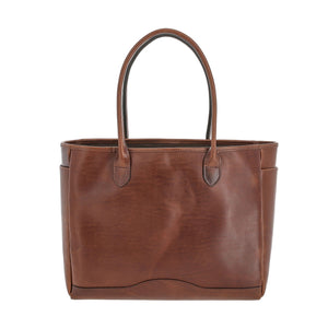 The Palmer Leather Tote by Tom Beckbe is a compact full-grain leather bag with two handles and a smooth finish.