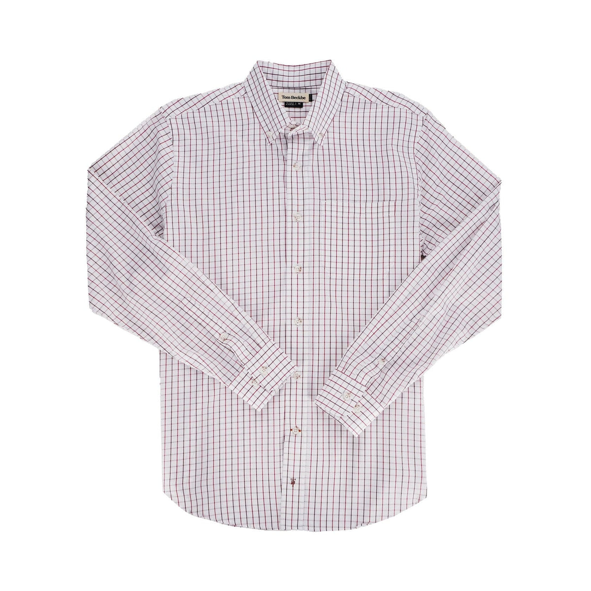 The Monroe Poplin Shirt by Tom Beckbe is a classic-fit, long-sleeve button-up in breathable cotton with a red and blue grid.