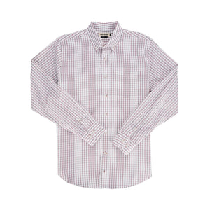 The Monroe Poplin Shirt by Tom Beckbe is a classic-fit, long-sleeve button-up in breathable cotton with a red and blue grid.