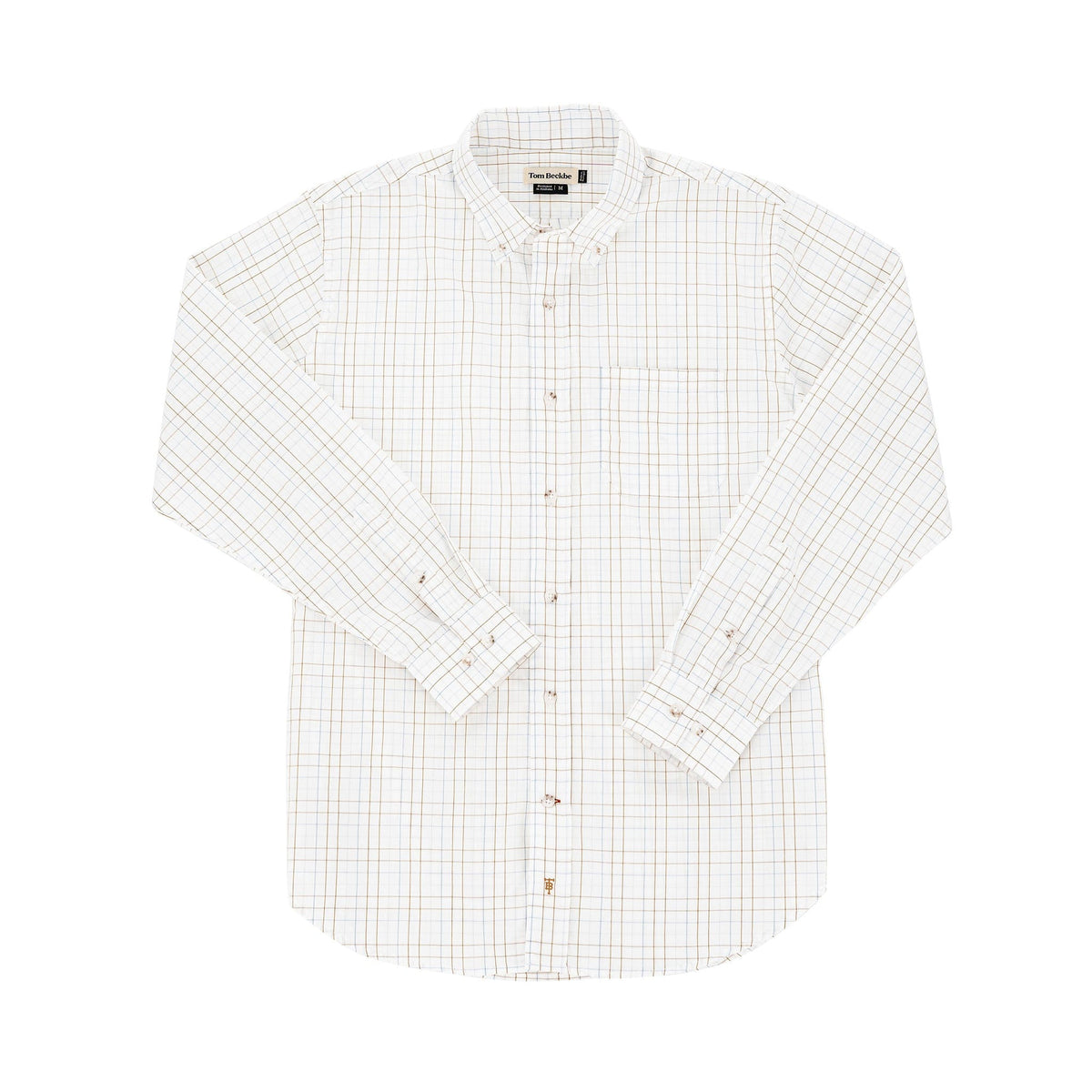 Tom Beckbes Monroe Poplin Shirt is a cotton white long-sleeve button-up with a blue and orange plaid pattern.