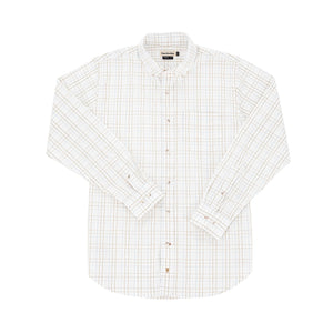 Tom Beckbes Monroe Poplin Shirt is a cotton white long-sleeve button-up with a blue and orange plaid pattern.