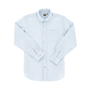 Tom Beckbes Monroe Poplin Shirt, light blue cotton with a chest pocket and long sleeves, slightly wrinkled on white.