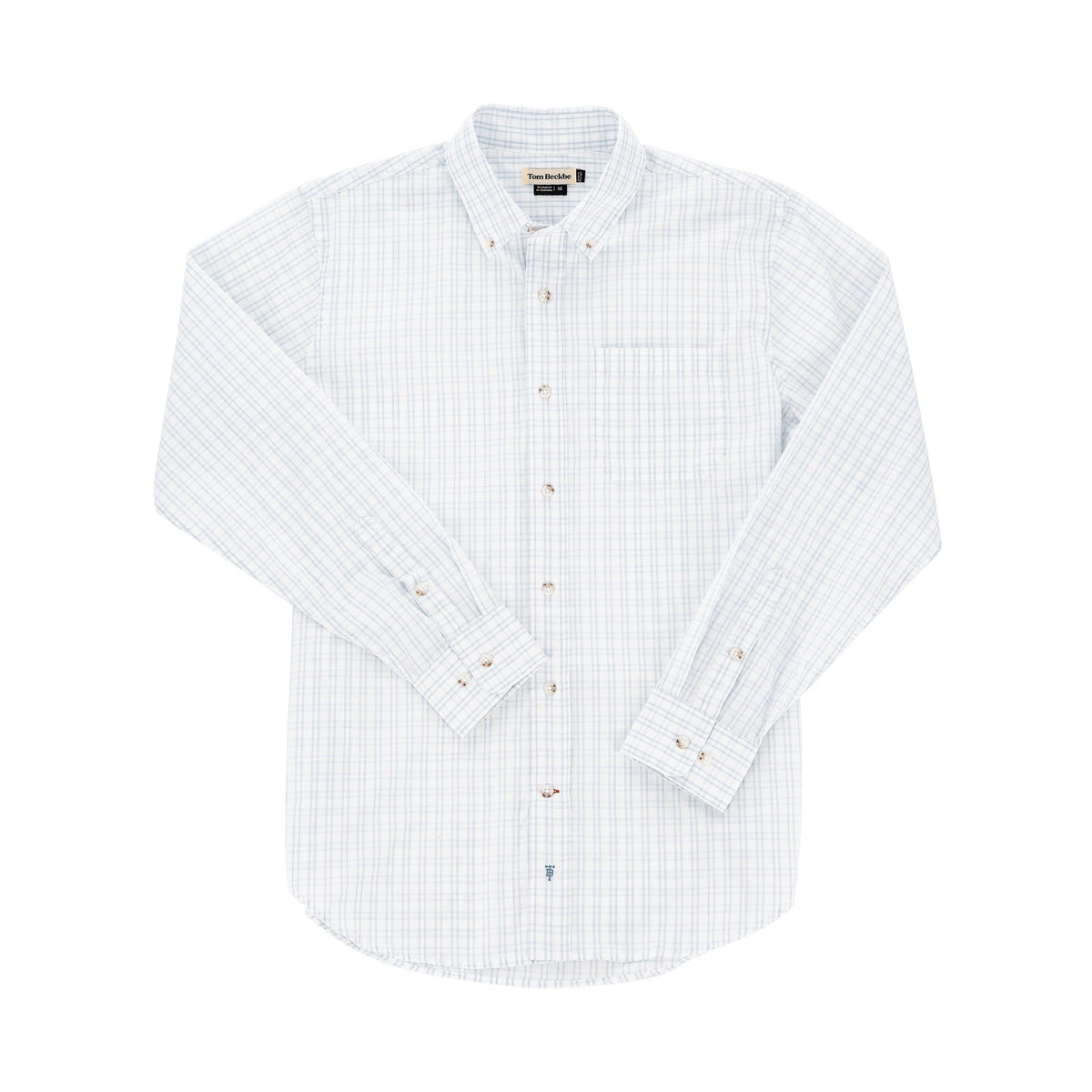 The Monroe Poplin Shirt by Tom Beckbe is a classic fit long-sleeve, breathable cotton shirt in light blue checks.