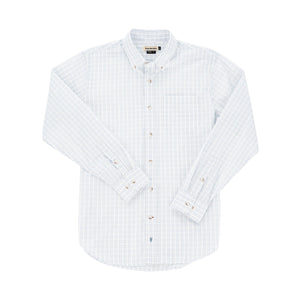The Monroe Poplin Shirt by Tom Beckbe is a classic fit long-sleeve, breathable cotton shirt in light blue checks.