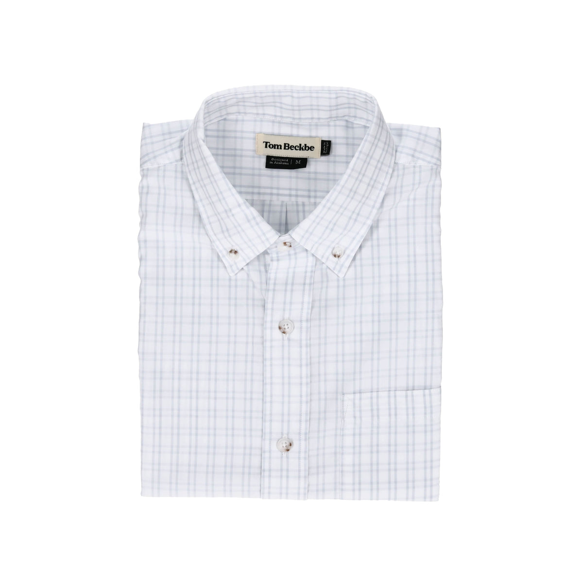 Monroe Poplin Shirt by Tom Beckbe: white, breathable cotton with light blue plaid and branded collar.