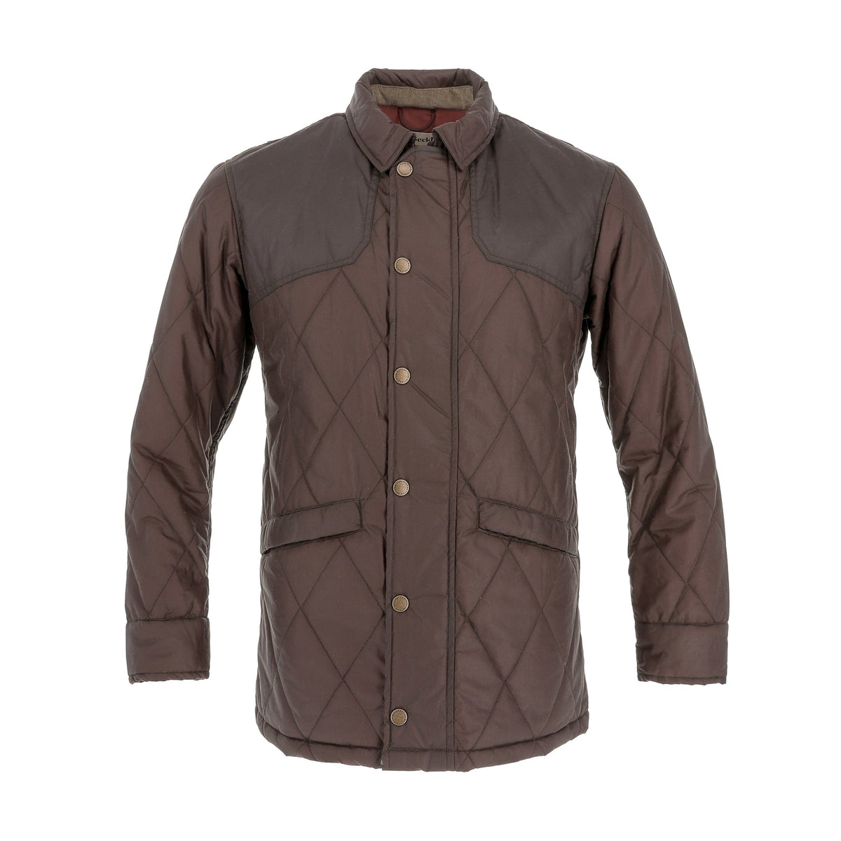 Tom Beckbe Paddock Quilted Jacket in Rye Brown with snap closure, two pockets, and contrast panels; weatherproof style.