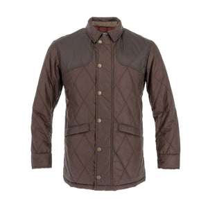 Tom Beckbe Paddock Quilted Jacket in Rye Brown with snap closure, two pockets, and contrast panels; weatherproof style.