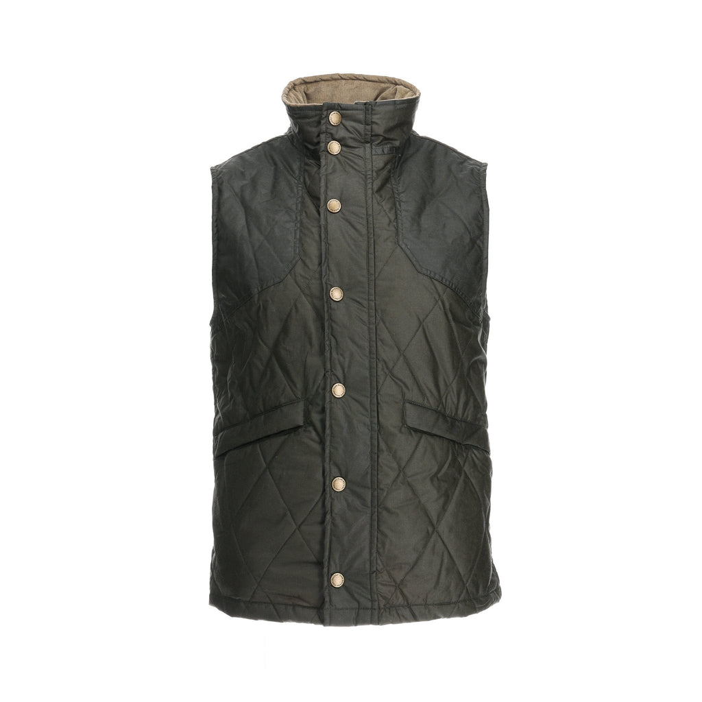 Tom Beckbes Paddock Quilted Vest in dark green has HD Wool, a high collar, and front snap buttons.