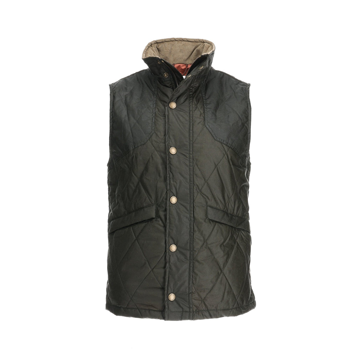 Tom Beckbes dark green Paddock Quilted Vest has a high collar, front pockets, and weatherproof waxed cotton lining.
