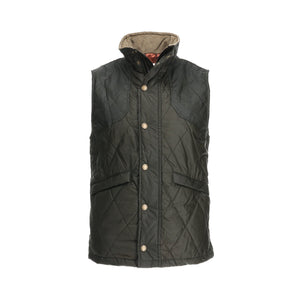 Tom Beckbes dark green Paddock Quilted Vest has a high collar, front pockets, and weatherproof waxed cotton lining.