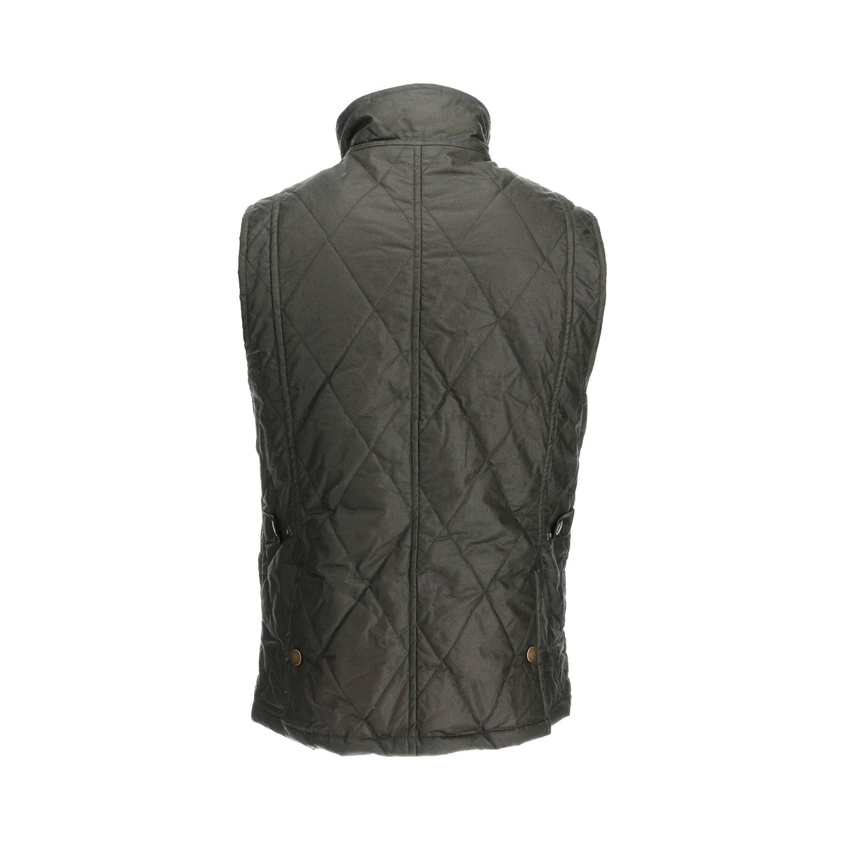 A back view of the Tom Beckbe Paddock Quilted Vest in green with HD Wool, high collar, and weatherproof waxed cotton.