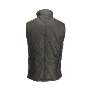 A back view of the Tom Beckbe Paddock Quilted Vest in green with HD Wool, high collar, and weatherproof waxed cotton.