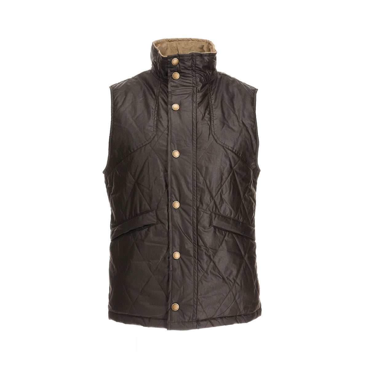 Explore Tom Beckbes Paddock Quilted Vest: dark, weatherproof, waxed cotton with snaps, a cozy collar, and light brown lining.