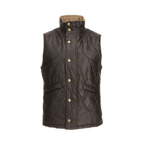 Explore Tom Beckbes Paddock Quilted Vest: dark, weatherproof, waxed cotton with snaps, a cozy collar, and light brown lining.