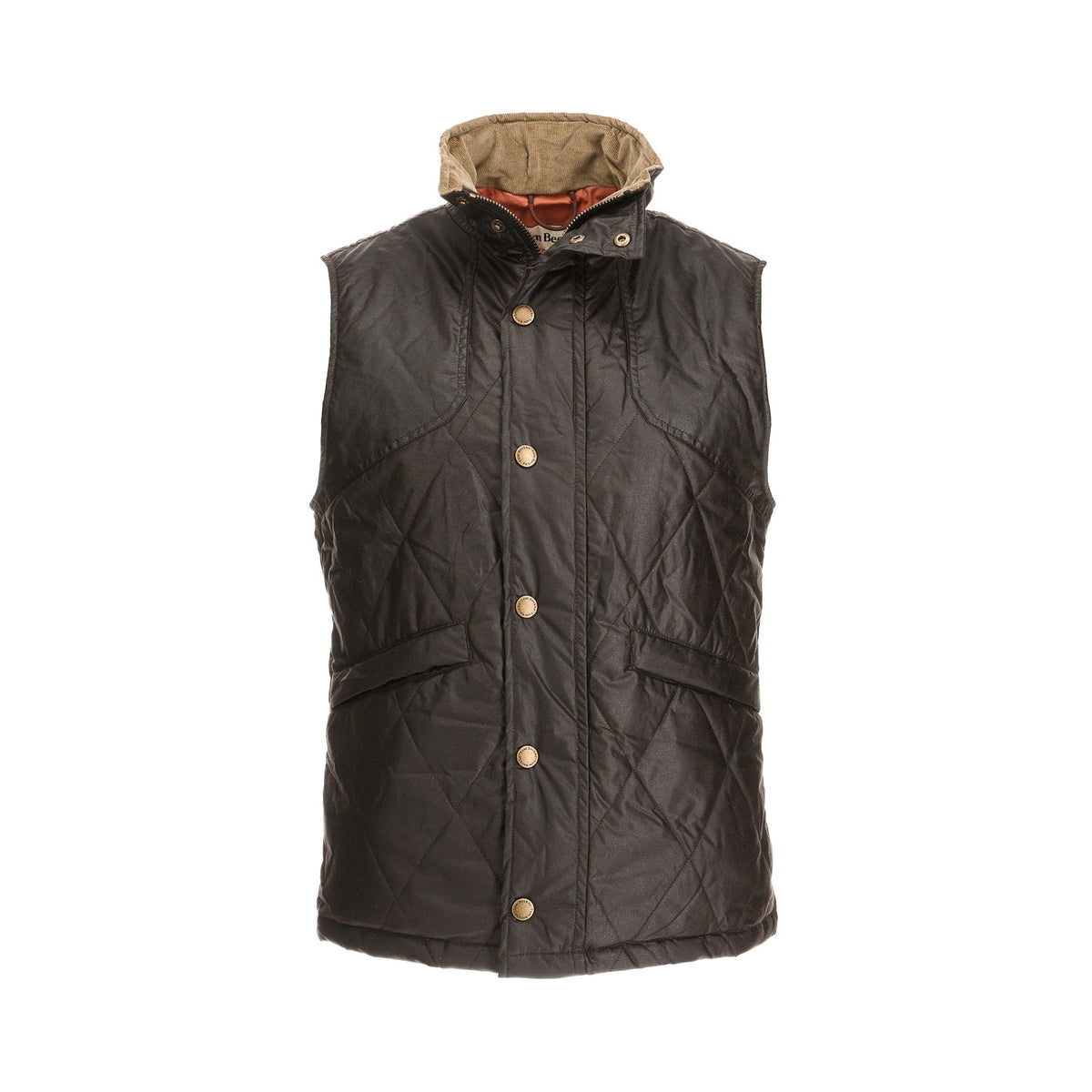 The Tom Beckbe Paddock Quilted Vest is black with a brown collar, weatherproof cotton, and two front pockets.