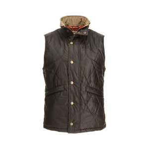 The Tom Beckbe Paddock Quilted Vest is black with a brown collar, weatherproof cotton, and two front pockets.